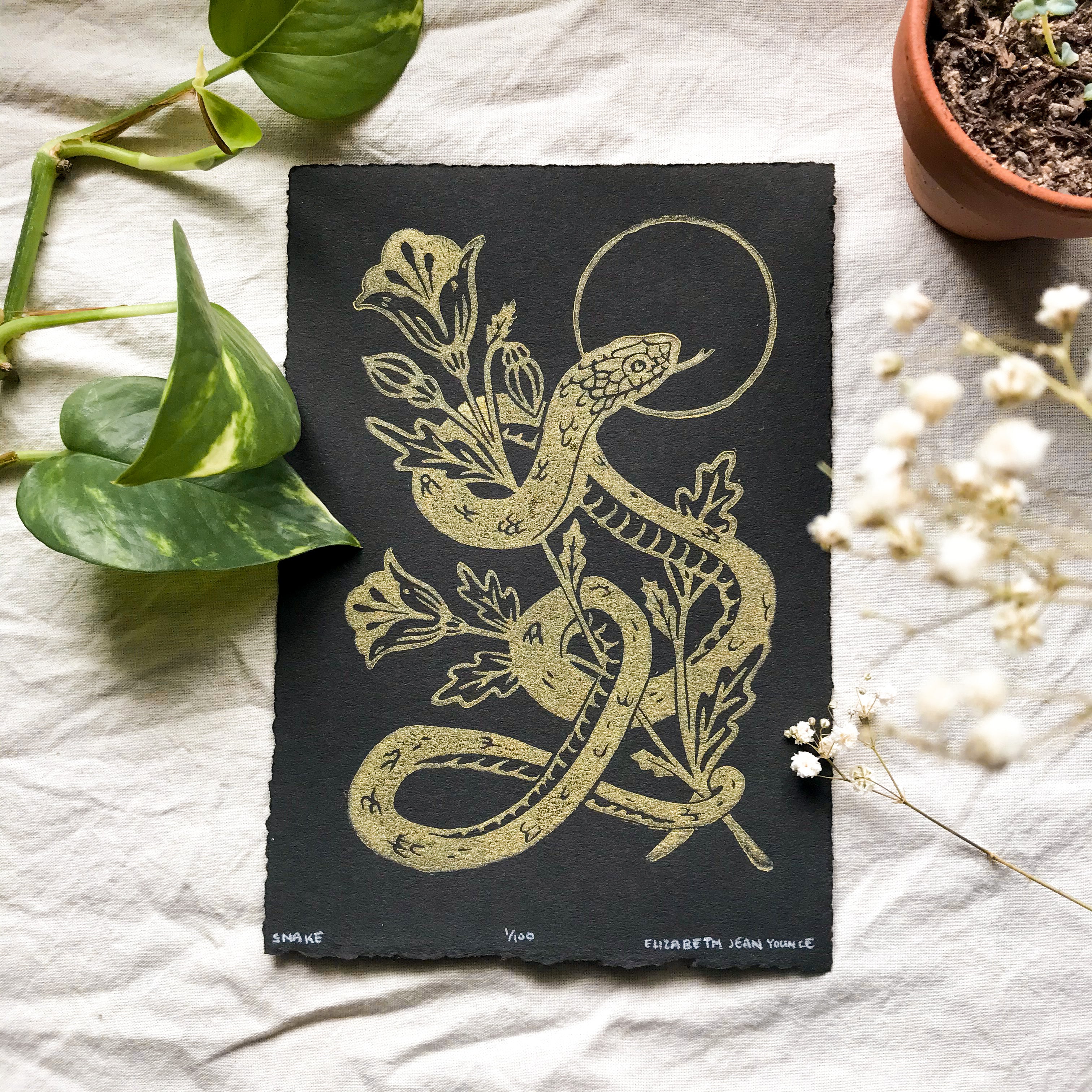 5x7" Linocut: Snake