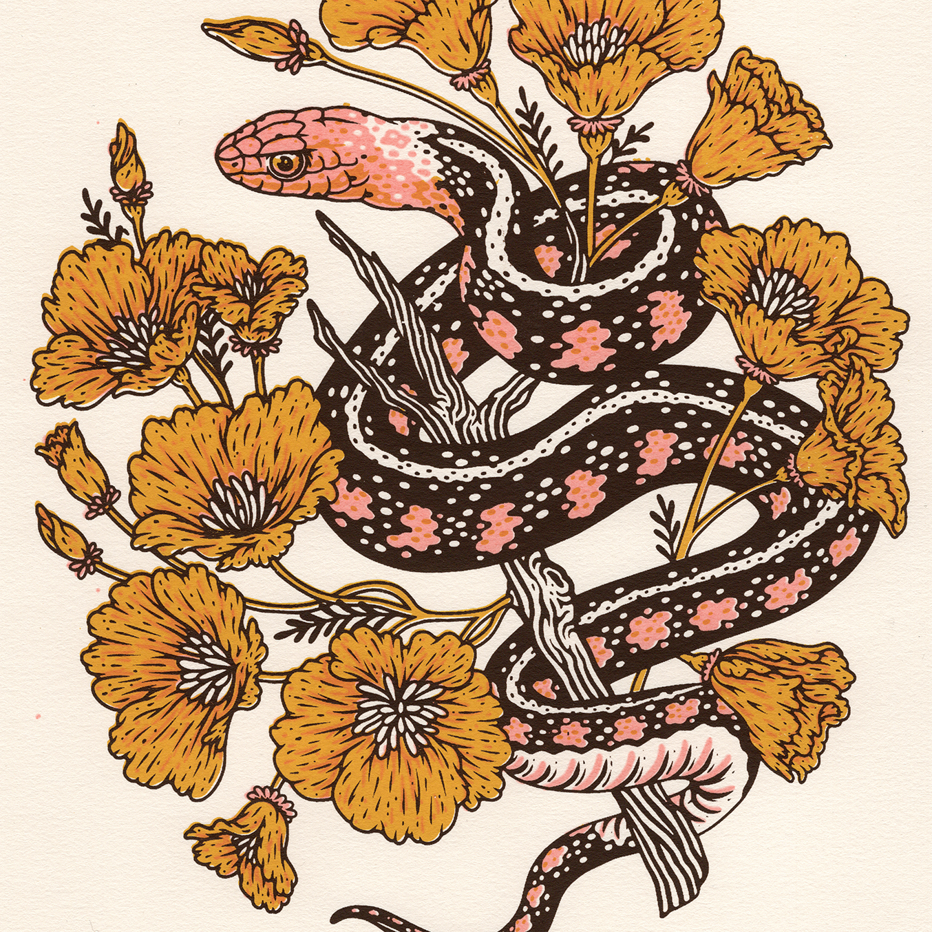 8x10" Screenprint: Snake & Poppies