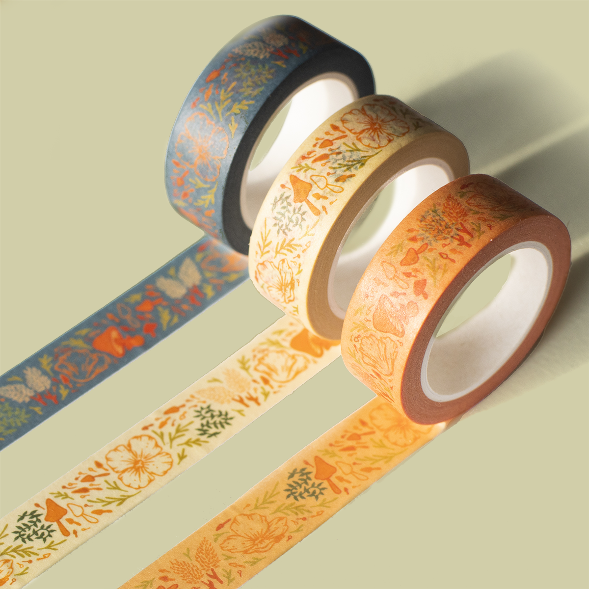 Washi Tape Roll 1/2": Floral, Poppies & Mushrooms