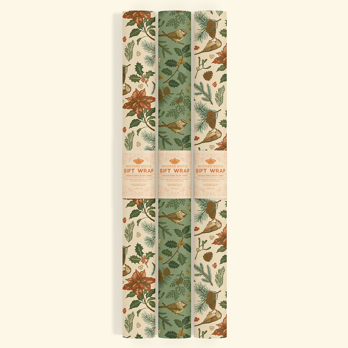 Gift Wrap: Yuletide Chickadee (White & Green)
