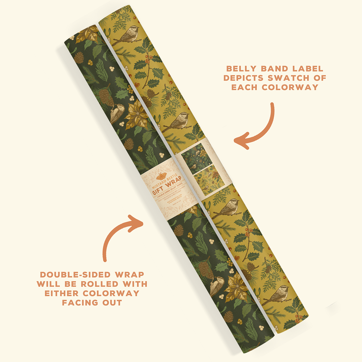 Gift Wrap: Yuletide Chickadee (Black & Mustard)