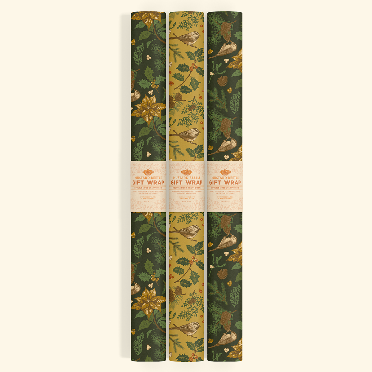 Gift Wrap: Yuletide Chickadee (Black & Mustard)