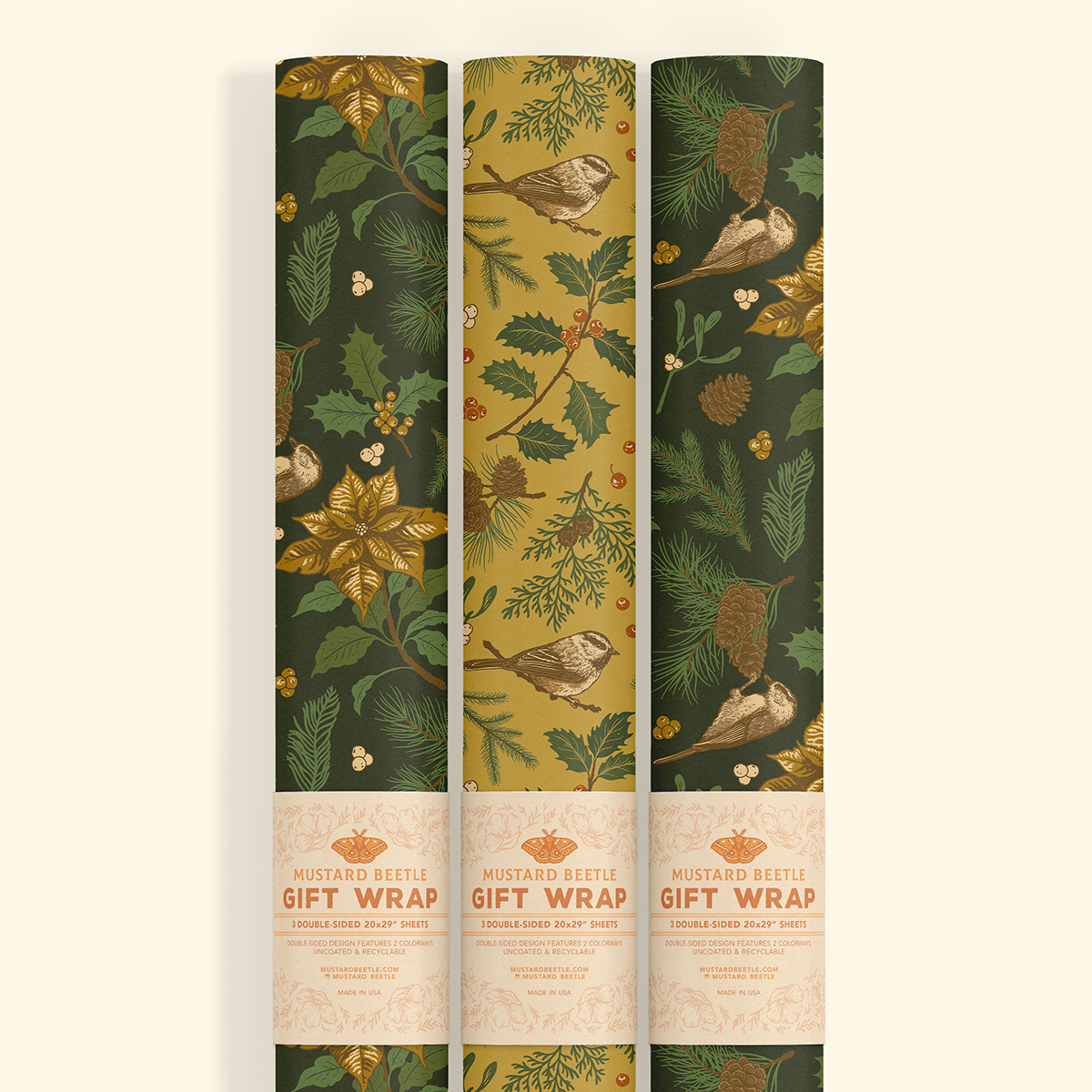 Gift Wrap: Yuletide Chickadee (Black & Mustard)