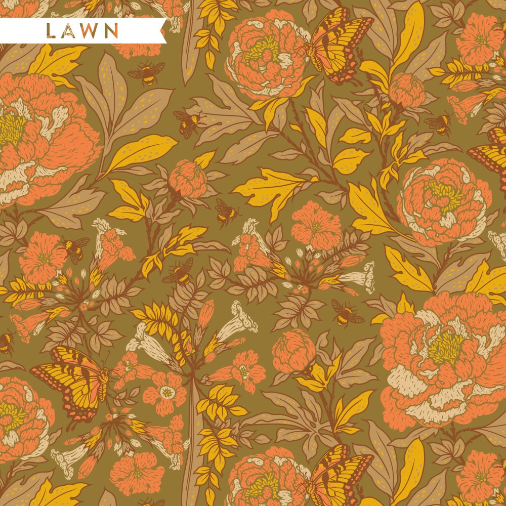 Organic (Lawn) Fabric Yardage Peonies: Moss