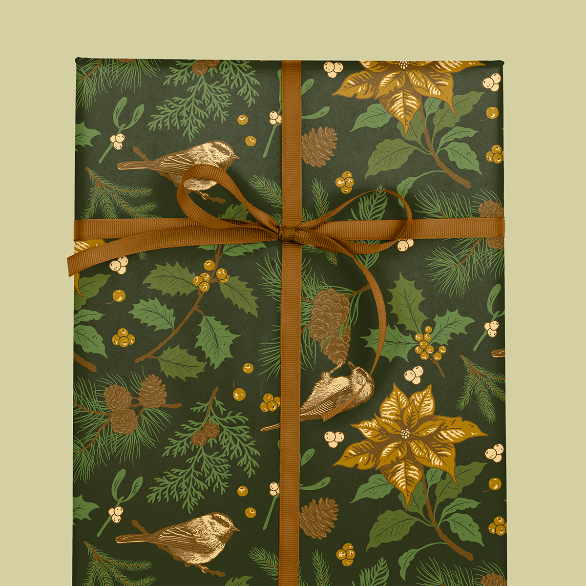 Gift Wrap: Yuletide Chickadee (Black & Mustard)