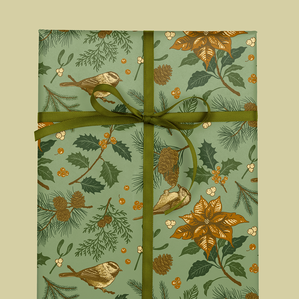 Gift Wrap: Yuletide Chickadee (White & Green)