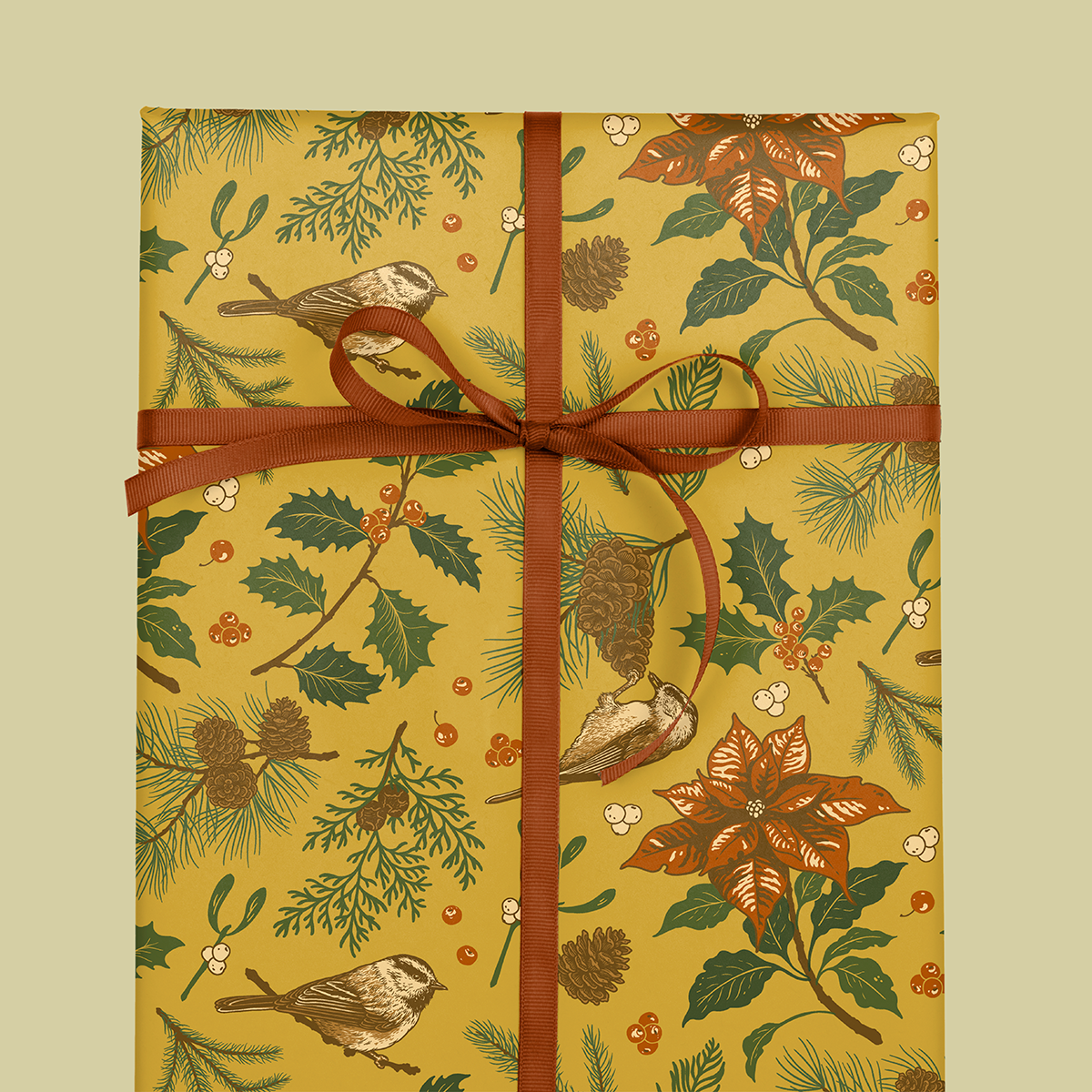 Gift Wrap: Yuletide Chickadee (Black & Mustard)