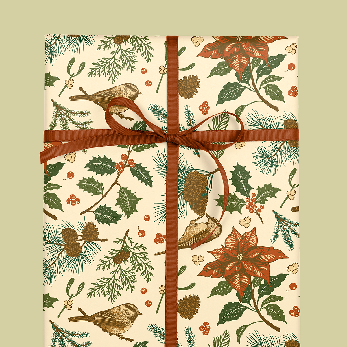 Gift Wrap: Yuletide Chickadee (White & Green)