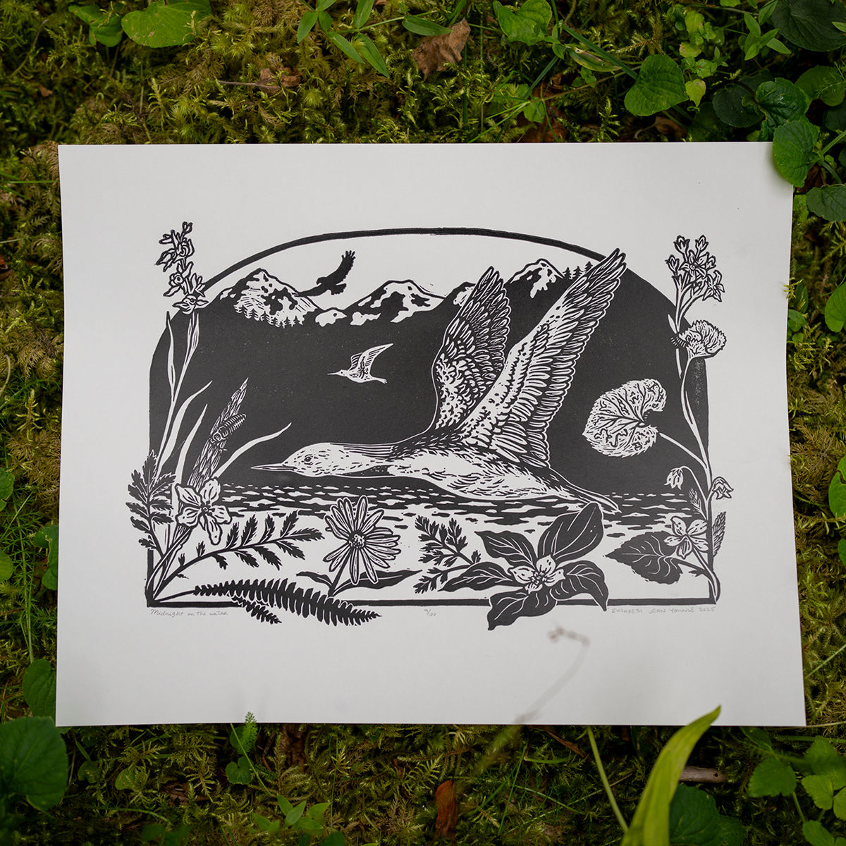 11x14" Fine Art Linocut Print: Midnight on the Water