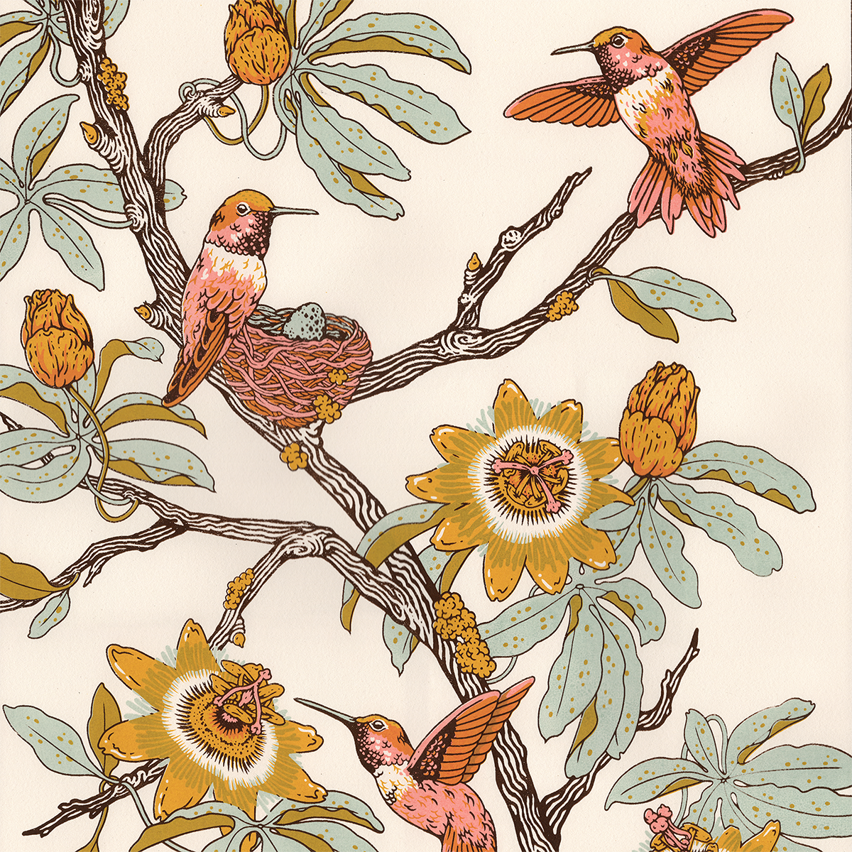 Screenprint: Hummingbirds & Passionflowers