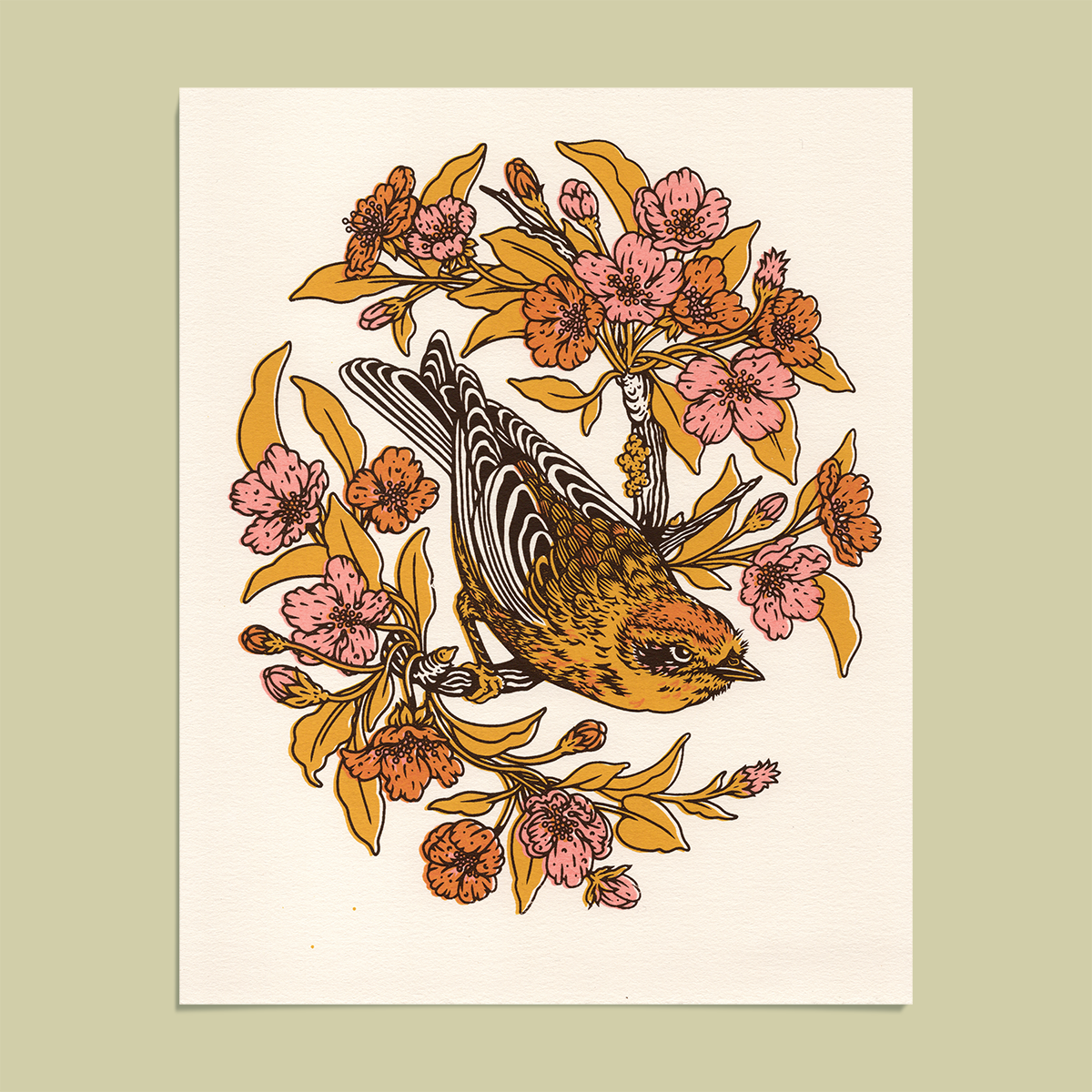 Screenprint: Palm Warbler & Plum Blossoms