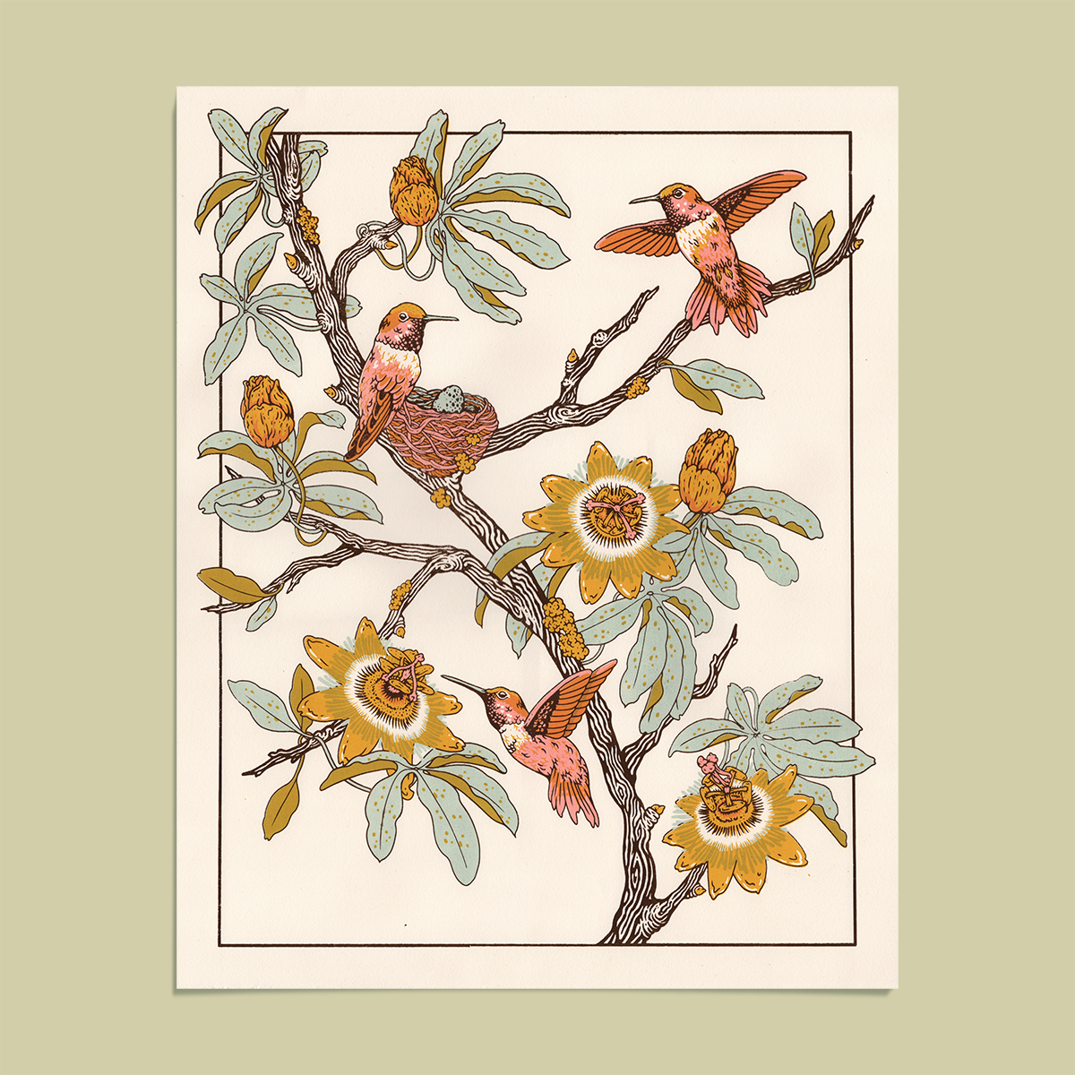 Screenprint: Hummingbirds & Passionflowers