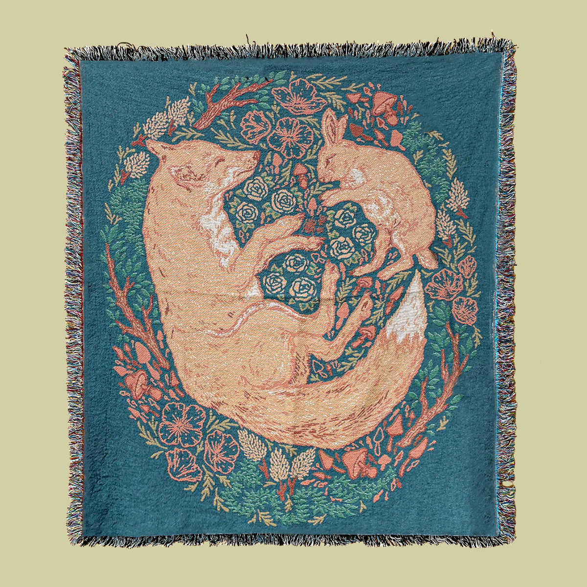 Woven Blanket Tapestry: Fox & Hare