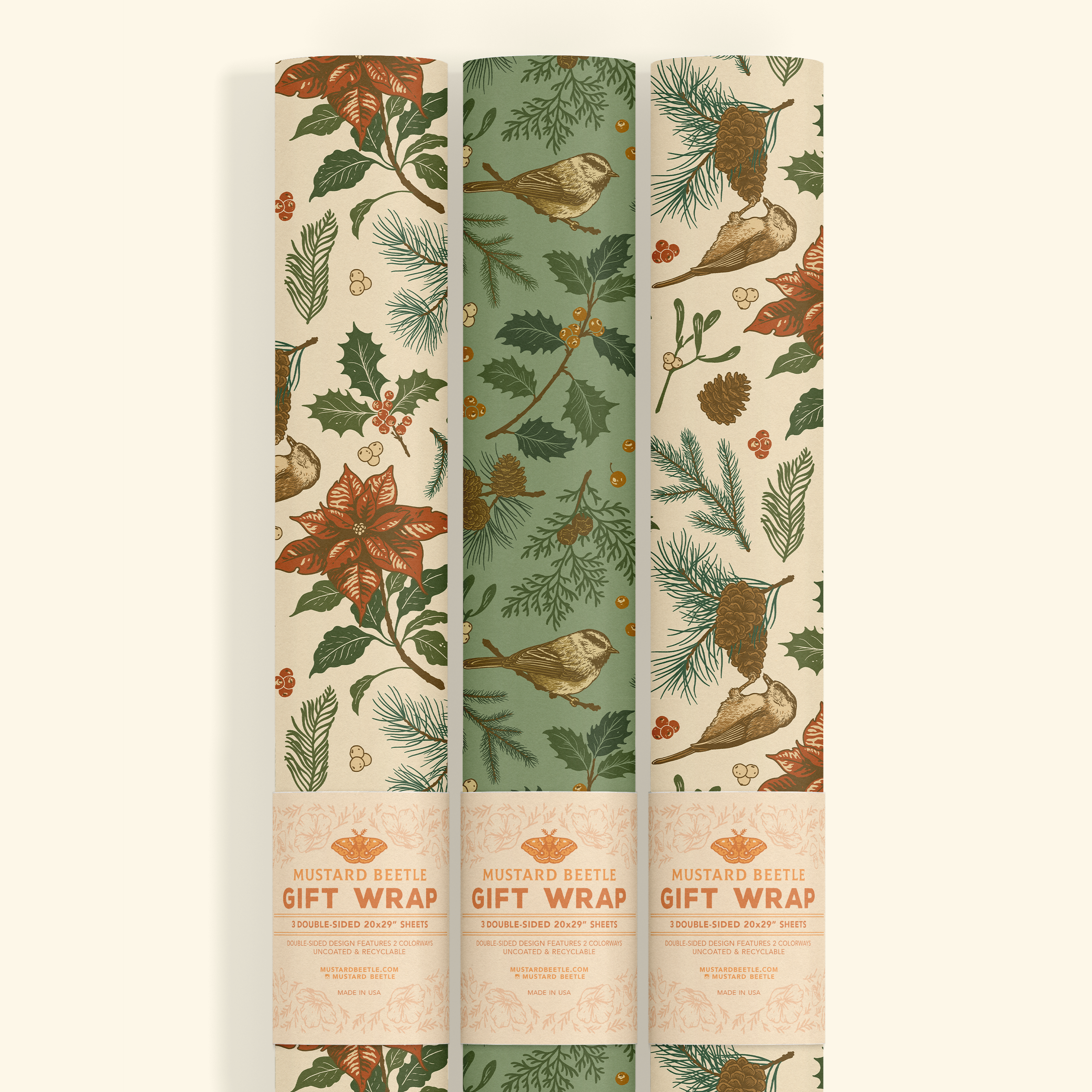 Gift Wrap: Yuletide Chickadee (White & Green)