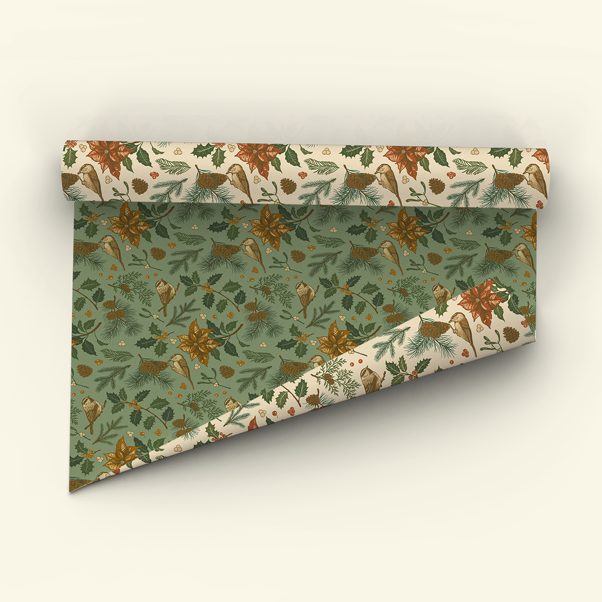 Gift Wrap: Yuletide Chickadee (White & Green)